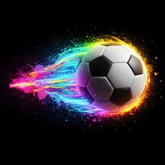 Naklejka premium A soccer ball with a colorful trail on a black background with rainbow streaks and paint splatters