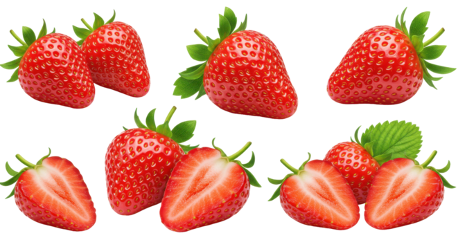 A juicy array of strawberries halved and whole pop against a stark black backdrop