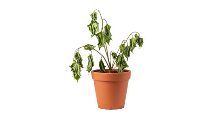 A withered plant in a terracotta pot against a stark black background