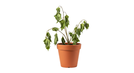 A withered plant in a terracotta pot against a stark black background