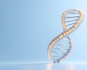 Glowing white double helix DNA model on a light blue background