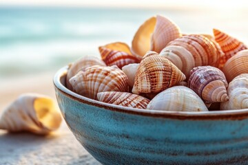 Colorful Seashells in a Bowl on a Beach with Calm Ocean Background