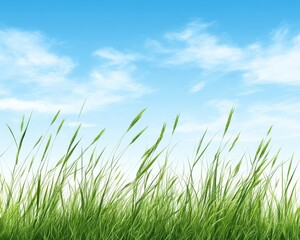 Fototapeta premium Lush green grass blades swaying against clear blue sky in wide angle sunlit nature backdrop with summer breeze motion and environmental serenity tone