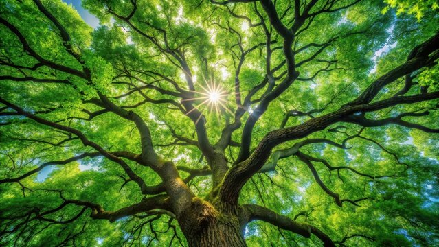 Forest Canopy Filter Effect on Oak Tree, lush green leaves filtering sunlight filter effect, tree silhouette