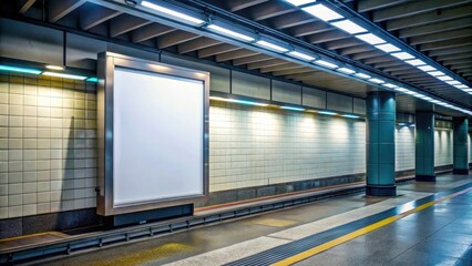 A blank billboard in a subway station with a dimly lit background and neon lights surrounding it, isolation, graffiti,  isolation