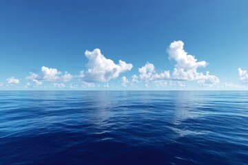 Fototapeta premium Open ocean view with fluffy clouds against a bright blue sky above it