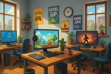 Cozy Game Development Studio with Stylish Decor and Screens