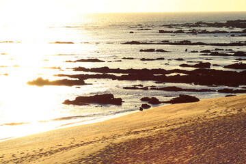 Colorful panorama. An empty beach warmed by sunlight. Sun glare on the calm water. Sunlight during...