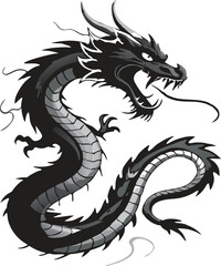 Naklejka premium Coiling Chinese Dragon Black and Grey Illustration