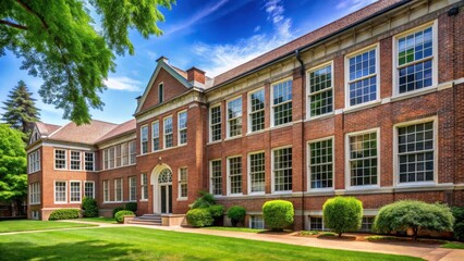 Fototapeta premium Exterior shot of a classic American school building with a brick facade and large windows, surrounded by lush greenery and a tree-lined courtyard , windows, american architecture