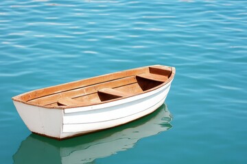 Wooden rowboat floating calmly on still blue water with subtle ripples and reflection visible in soft natural light presenting serene isolated nautical composition