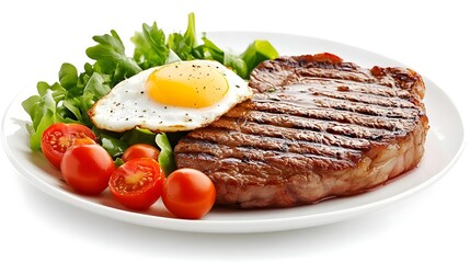 Grilled Beef Steak Served on White Plate with Sunny Side Up Egg and Greens