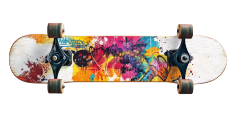 Vintage Skateboard with Graffiti isolated on transparent PNG, background.