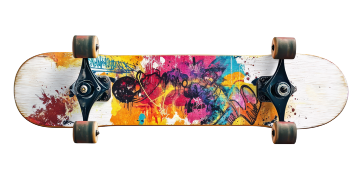 Vintage Skateboard with Graffiti isolated on transparent PNG, background.