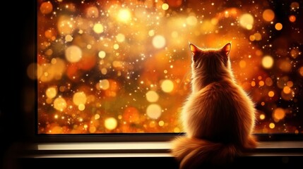 A cozy cat gazes out a window, surrounded by a warm, glowing atmosphere filled with shimmering lights and bokeh effects.