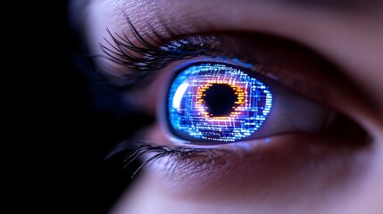 Close-up of a human eye with a digital circuit overlay, glowing blue and orange