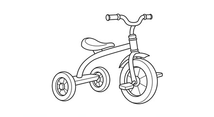 A simple line drawing of a tricycle with handlebars seat and wheels on a white background