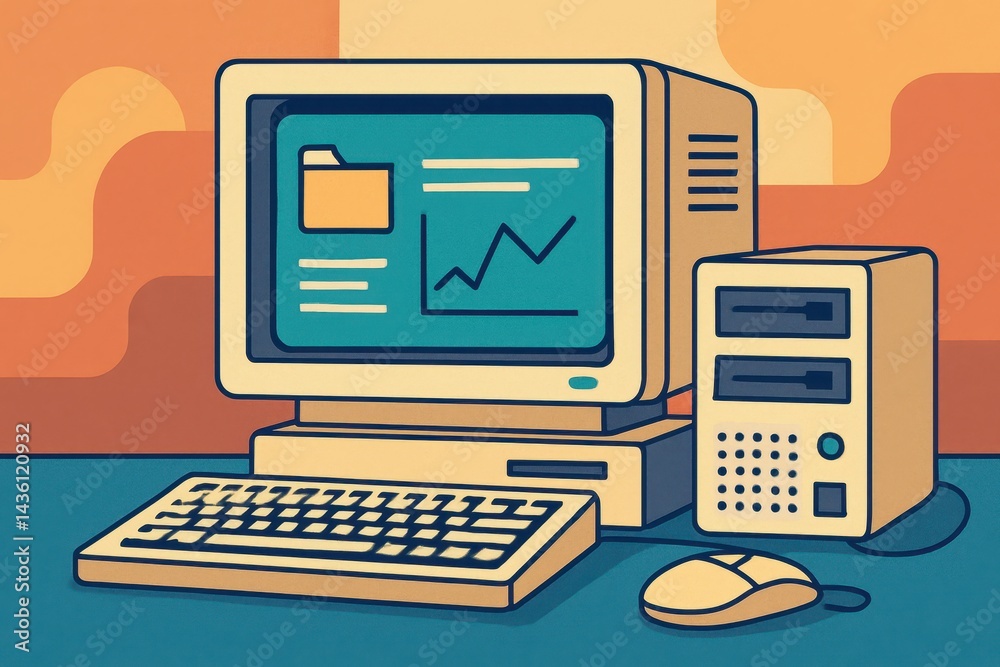 Poster vintage computer setup with graphs and chart on screen design