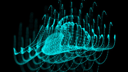 Abstract distorted sphere structure background. Mesh and damaged wavy pattern with flying particles. Modern futuristic backdrop. 3d rendering.