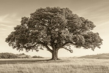 A majestic oak tree stands alone in a sepia-toned field, symbolizing strength and endurance.