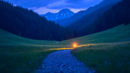 Serene twilight scene a gravel path winds through a grassy valley towards a distant, snow-capped mountain range under a dusky blue sky, illuminated by a single soft light source