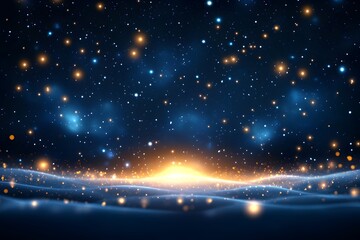 Glowing particles illuminate a dark, undulating landscape, resembling a starry night or celestial scene with bright, warm light emanating from below