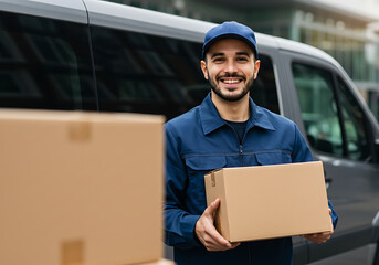 Delivery man holding a cardboard box smiling at the camera, courier with parcel near van, delivery service concept.
