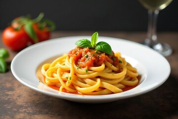 Elegant pasta dish, vibrant sauce, clean backdrop , food, yummy, meal