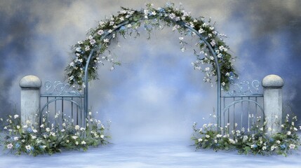 Whimsical floral archway entrance, bathed in soft blue light.
