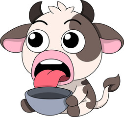 Cute Cow Mascot Waiting for Food with Empty Bowl