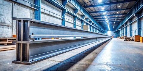 Fototapeta premium Steel i-beam leaning against a concrete wall with industrial equipment and pipes in the background, highlighting its structural integrity, machinery, factory