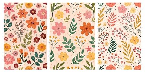 Three vibrant floral seamless patterns perfect for textile design featuring hand drawn flowers leaves and branches in warm earthy tones on a soft