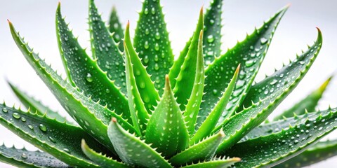 Fototapeta premium Aloe vera plant with vibrant green leaves and soothing gel, set against a soft white background, highlighting its natural beauty and medicinal properties, green leaves, interior design