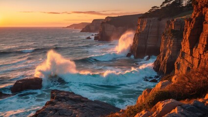 Fototapeta premium Ocean Waves Crashing Against Rocky Cliffs at Sunset Dramatic Seascape