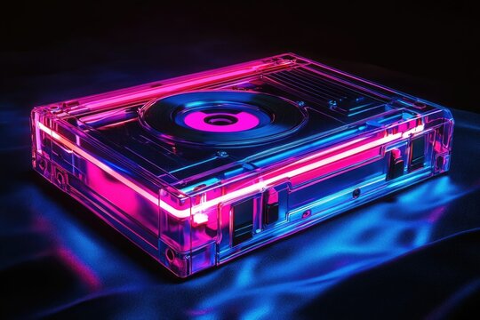 Neon-lit transparent cassette tape with vibrant pink and blue glow, showcasing retro technology.