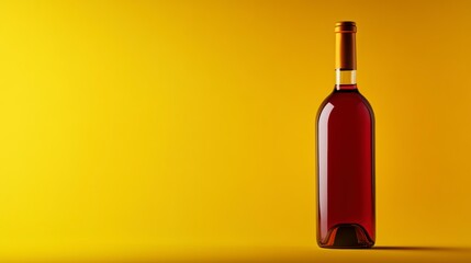 Single red wine bottle against yellow background.