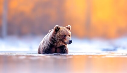 Obraz premium A brown bear partially submerged in a calm, shallow body of water, set against a blurred background of golden autumnal forest and snow