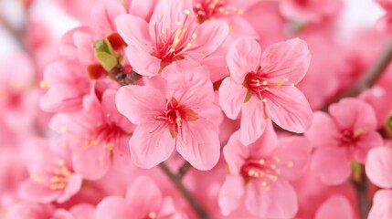Fototapeta premium Soft focus macro of fresh blooming cherry blossoms in bright daylight with pink petals and detailed floral textures captured in sharp 4k clarity ideal as flower illustration or spring wallpaper