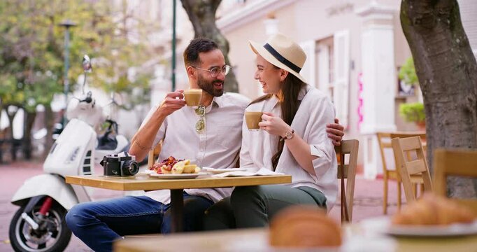 Coffee date, couple and drink, laugh and joke for bonding at outdoor table for holiday. Man, woman and cafe with relax, communication and talk with love, care and restaurant conversation for travel