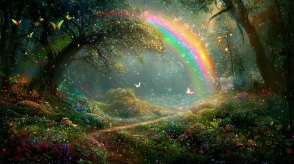 A breathtaking rainbow arcs over a mystical fairy tale forest.