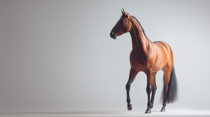 Obraz premium Majestic Bay Horse Standing Gracefully on Neutral White Background, Detailed Coat Texture, Soft Directional Lighting from Left, Elegant and Minimalist Composition