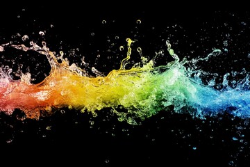 Colorful Water Splash Creating Dynamic Rainbow Effect on Black Background