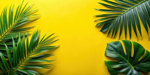 Fototapeta premium Vibrant Green Tropical Foliage Arranged on Sunny Yellow Background, Ideal for Summer Designs and Projects