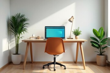 Empty chair at desk facing laptop, bright room , remote, work