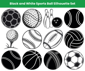 Obraz premium Diverse Sports Ball Icons Set, Football, Bowling, Tennis, Baseball, Volleyball, Outline