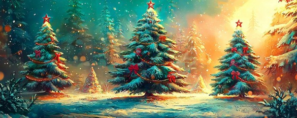 Festive wallpaper showcasing decorated trees in a magical winter setting.