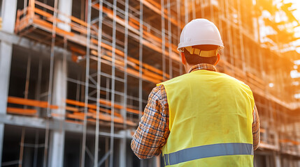 Construction Worker in Safety Gear at Building Site