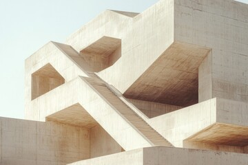 Fototapeta premium Geometric concrete architecture with stairs, showcasing interplay of light and shadow.