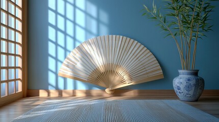 Elegant Room Decor with Bamboo Fan and Asian Plant on Blue Wall