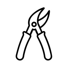 Outline drawing of pruning shears with black lines and white background shows garden equipment clearly
